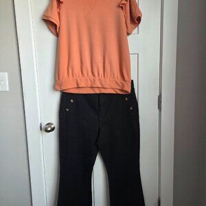 Lauren Conrad Tangerine Sweatshirt/Ann Taylor Black Flare Jeans